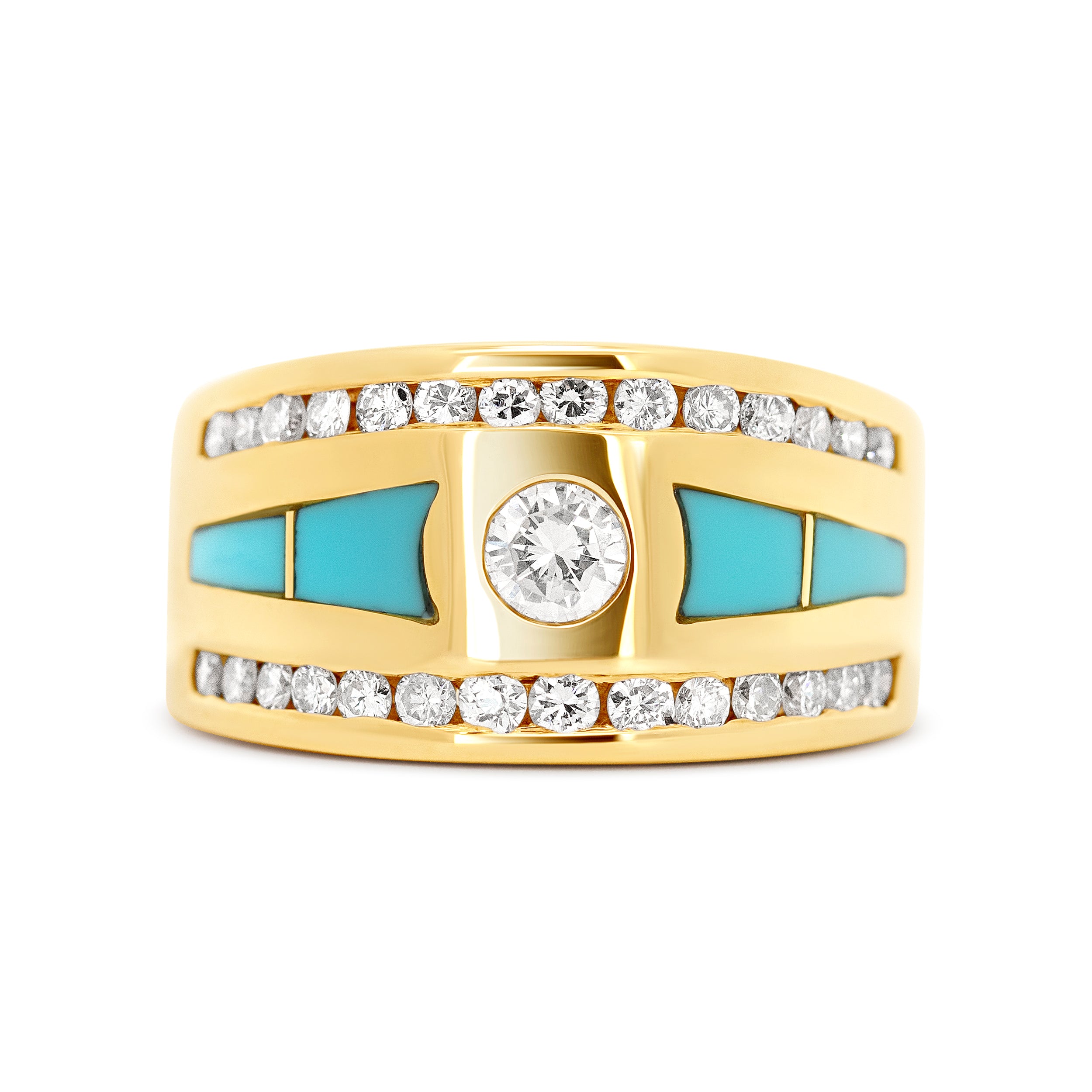 14 Karat Yellow Gold Diamond & Turquoise Inlay Men's Ring