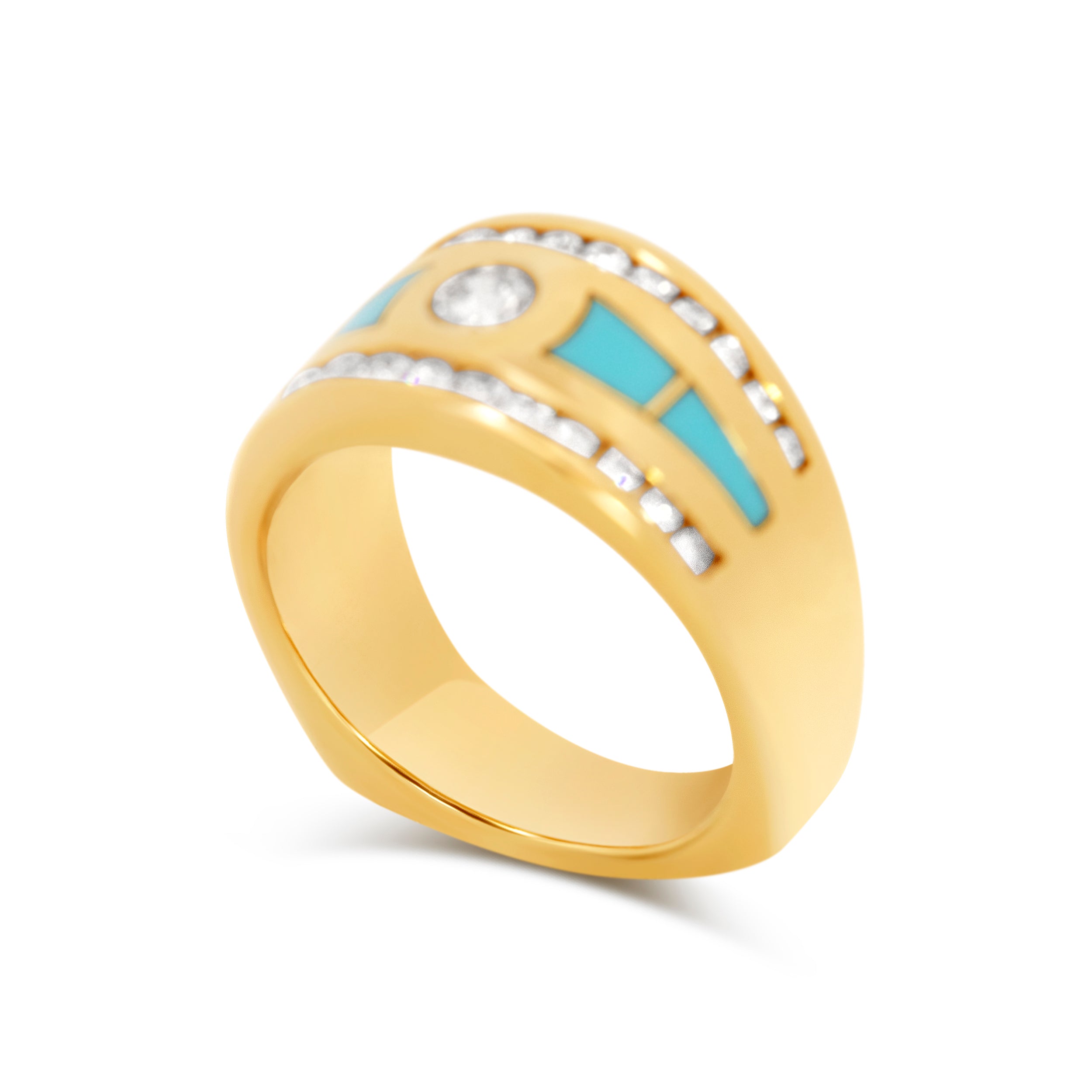 14 Karat Yellow Gold Diamond & Turquoise Inlay Men's Ring