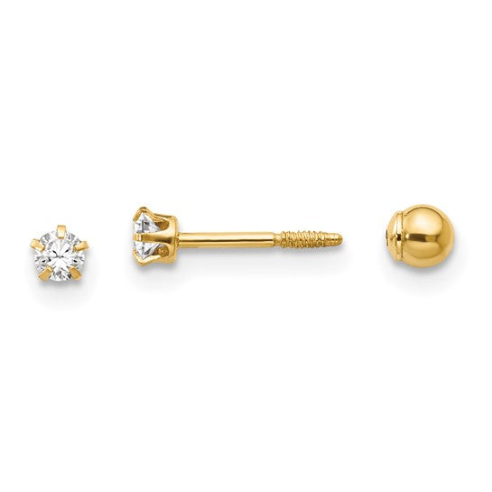 14K Yellow Gold Reversible 3mm Cubic Zirconia Stud Earrings