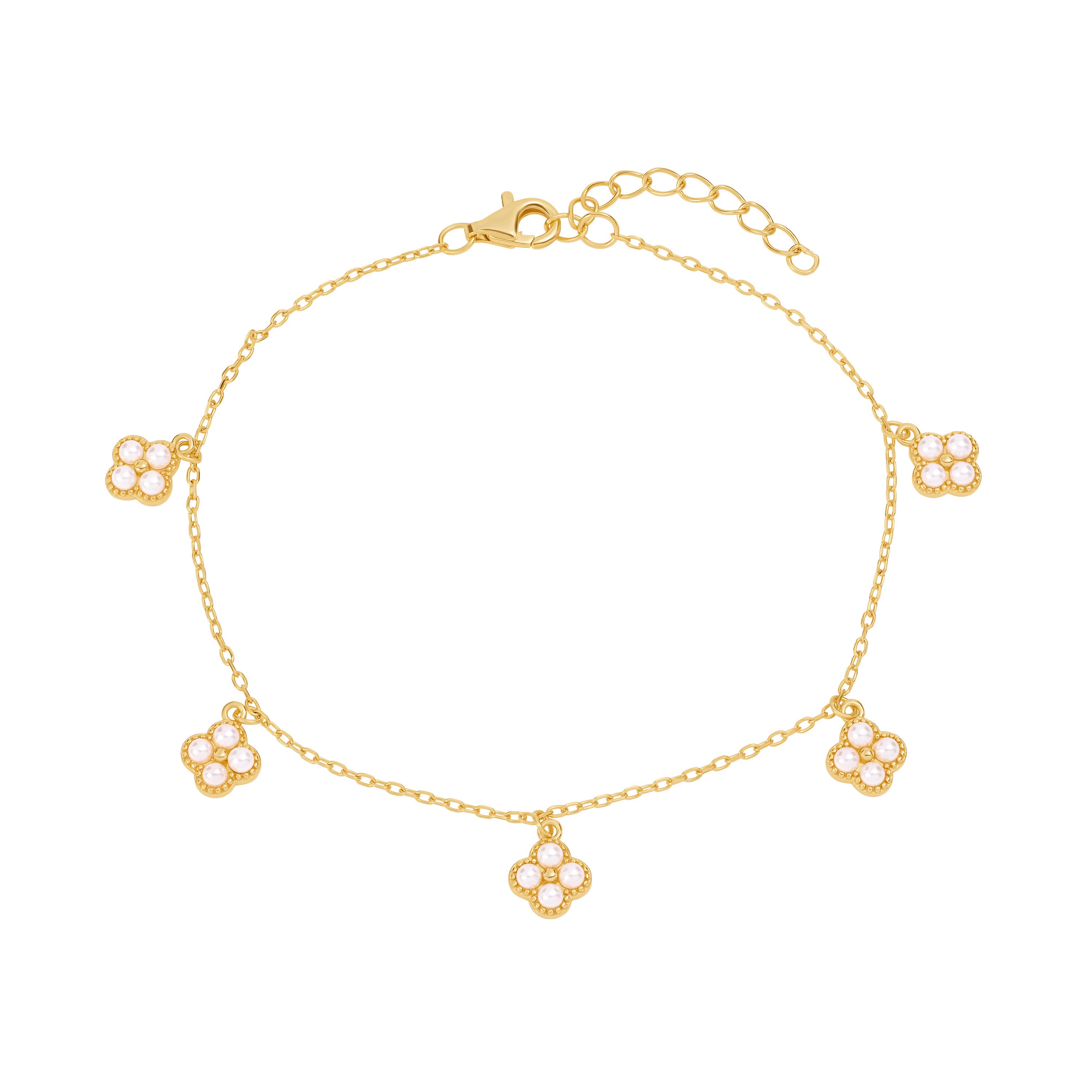 14 Karat Yellow Gold Over Sterling Silver Clover Pearl Bracelet