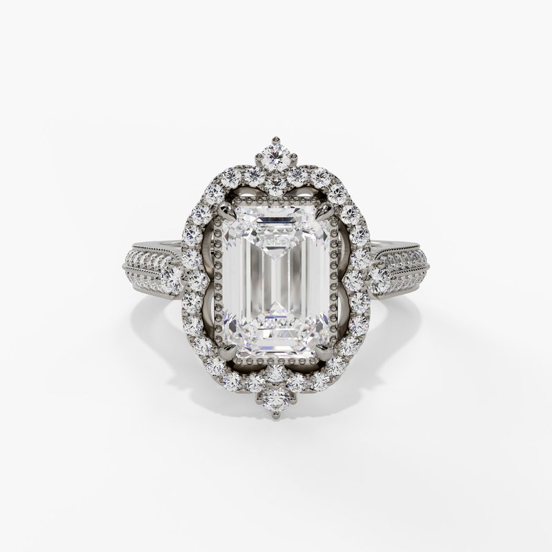 14K White Gold Vintage Emerald Cut Halo Engagement