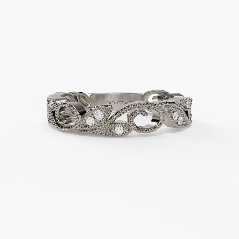 14 Karat White Gold Vintage Scroll Filigree Wedding Band