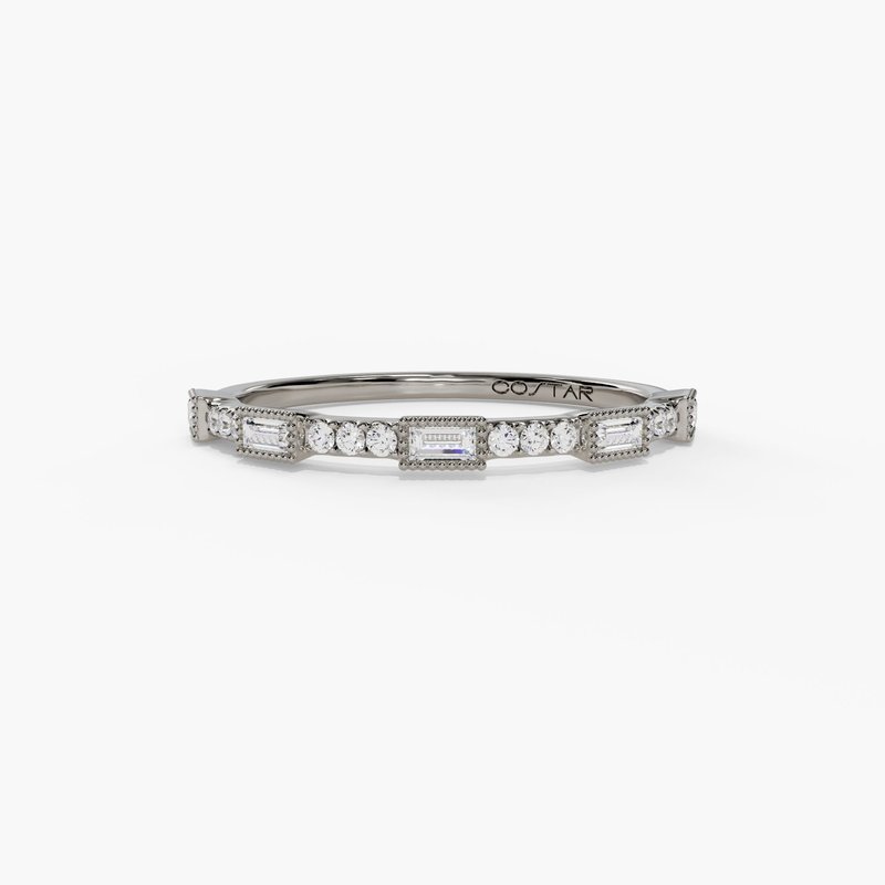 14K White Gold Round & Baguette Diamond Wedding Band
