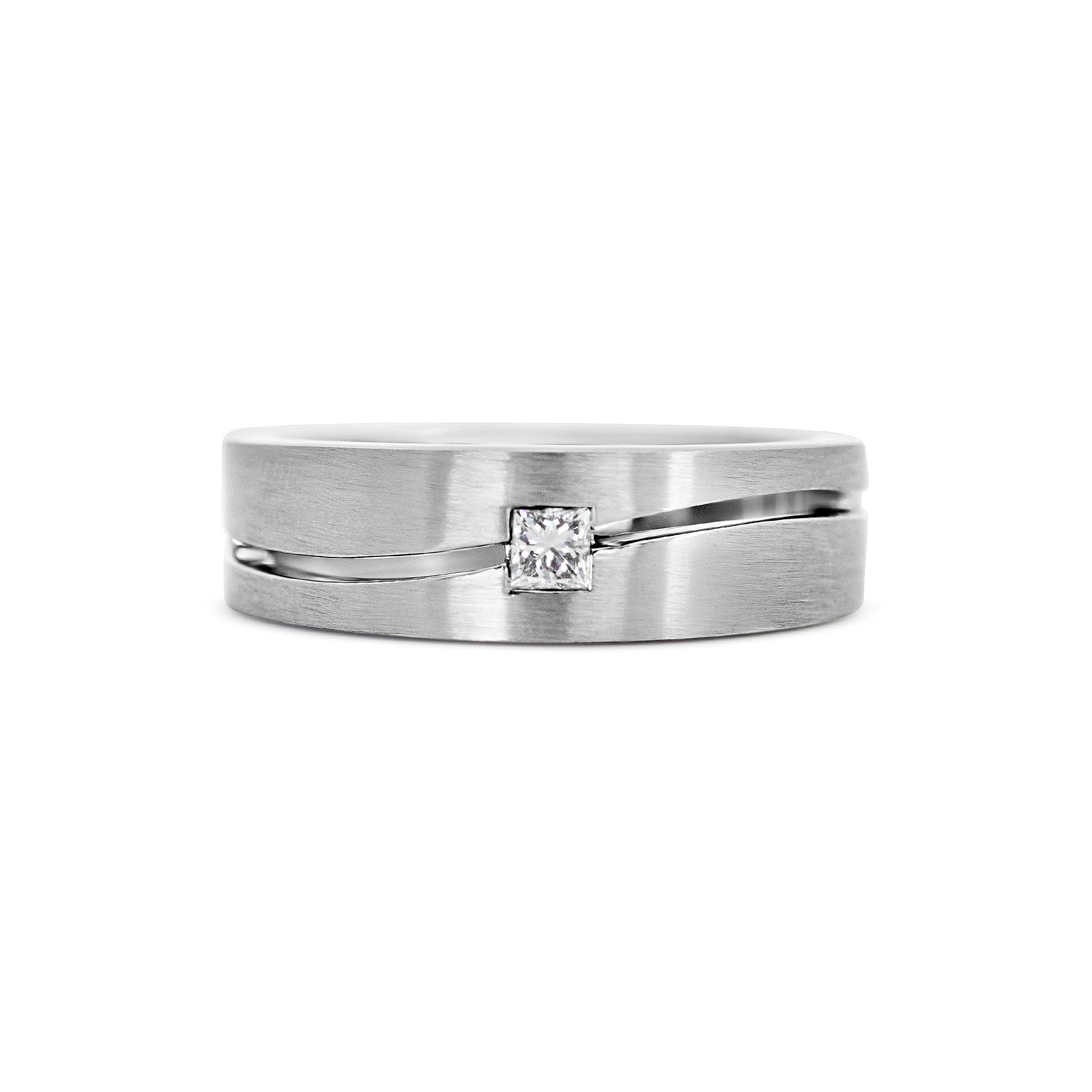 14K White Gold Men’s Wedding Band with 0.18ct Princess Cut Diamond