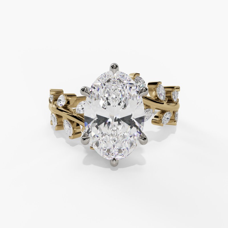 14 Karat Yellow Gold 6-Prong with Nature Inspired Leaf Diamond Shank