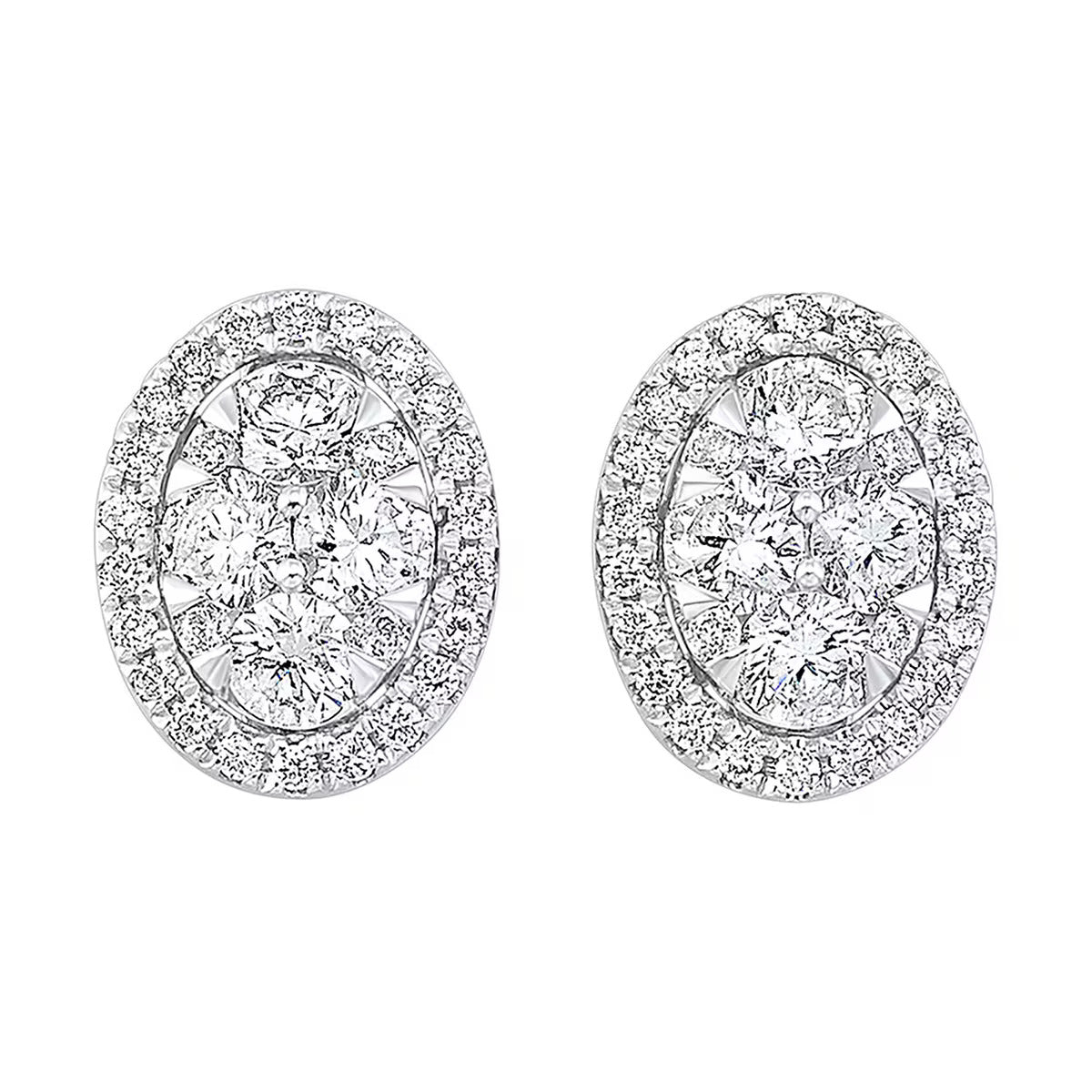 14K White Gold Oval Halo Pavé Natural Diamond Earrings – 3/4 Carat Total Weight