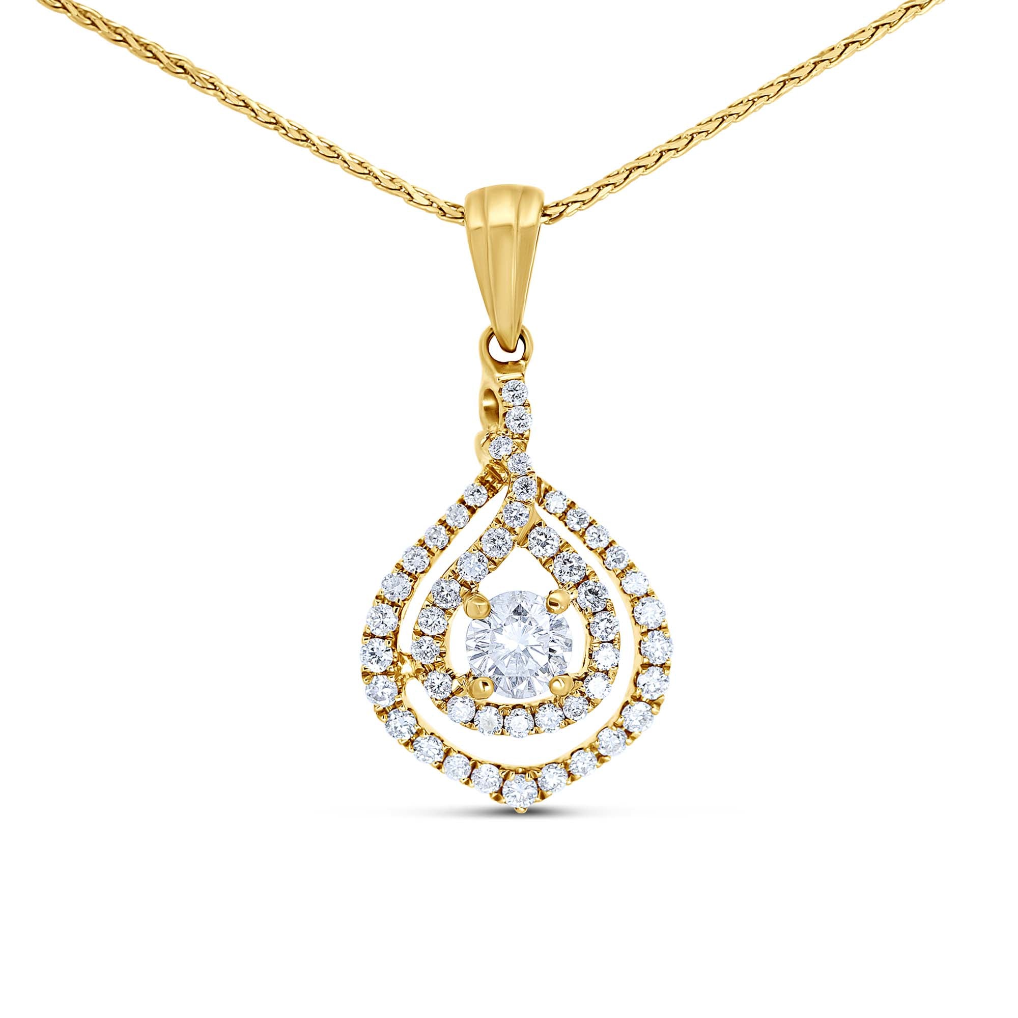 18K Yellow Gold Double Halo Diamond Necklace | 0.29 Carat Center Diamond