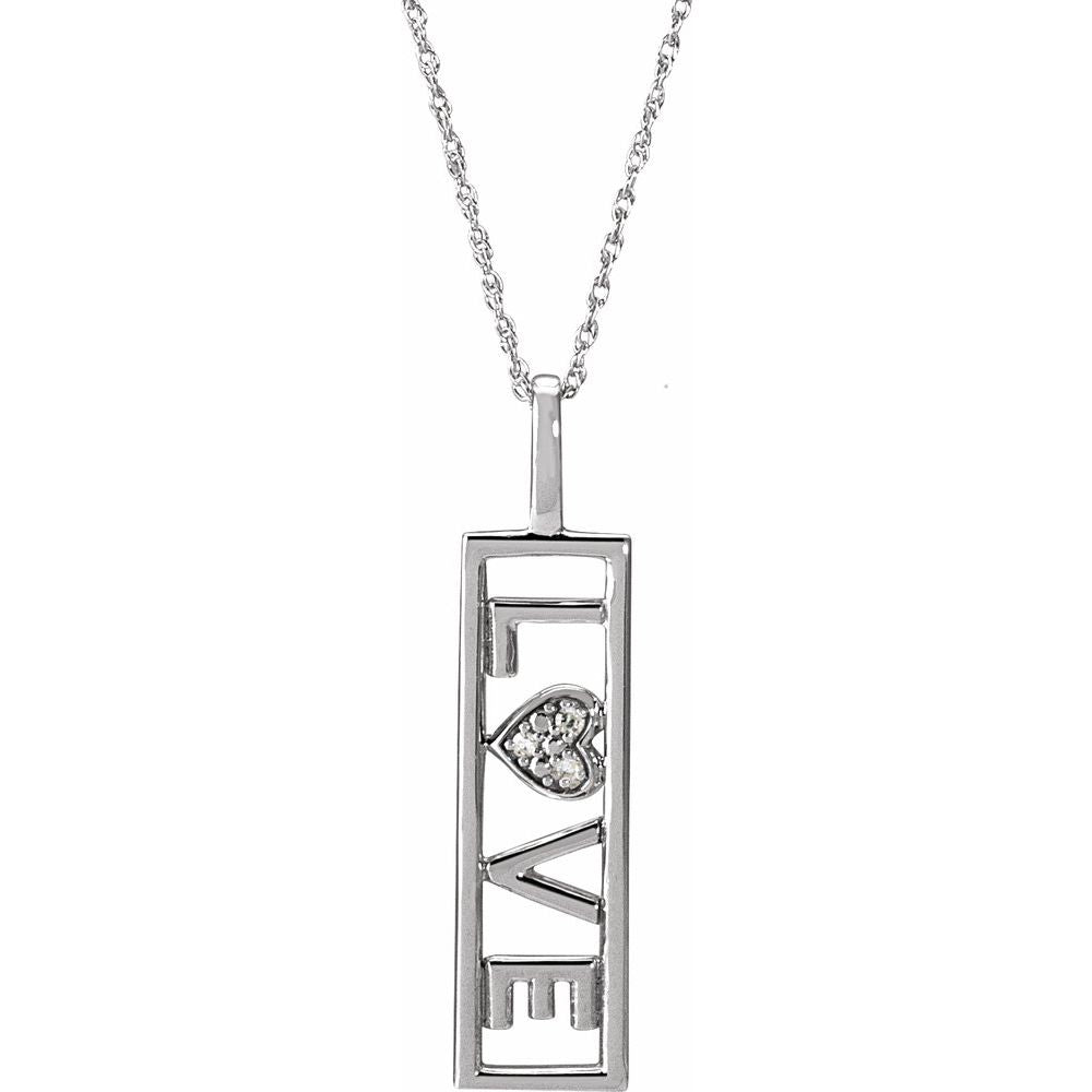 14K White Gold LOVE Bar Necklace | Diamond Heart Pendant