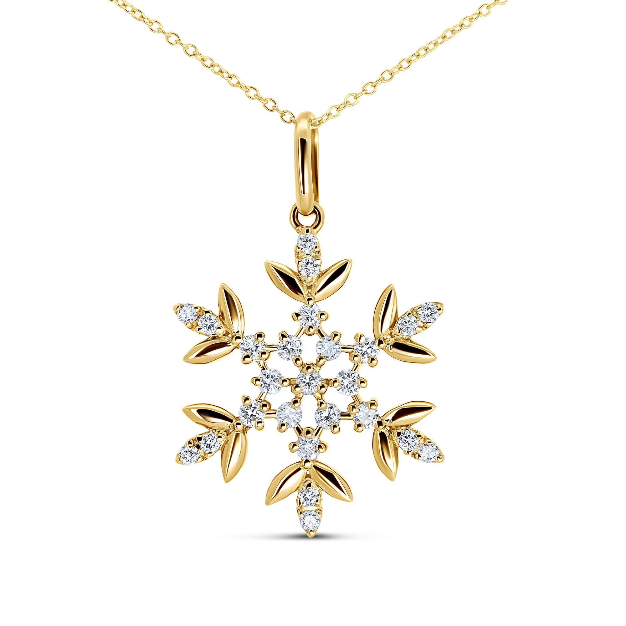 14K Yellow Gold Diamond Snowflake Necklace | 0.34 CTW Adjustable Chain