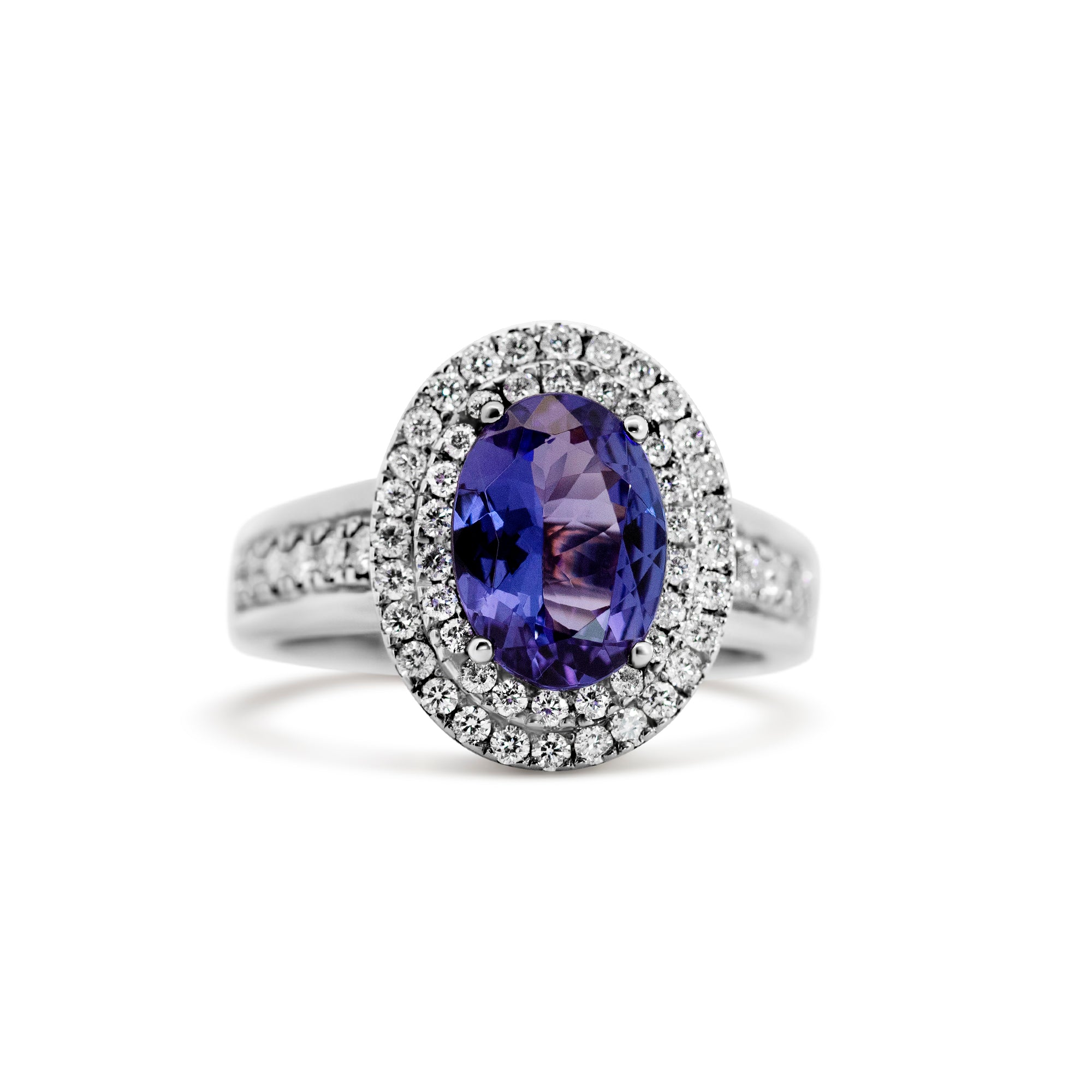 14K White Gold 1.90ct Tanzanite Double Halo Ring with 0.90ct Diamonds