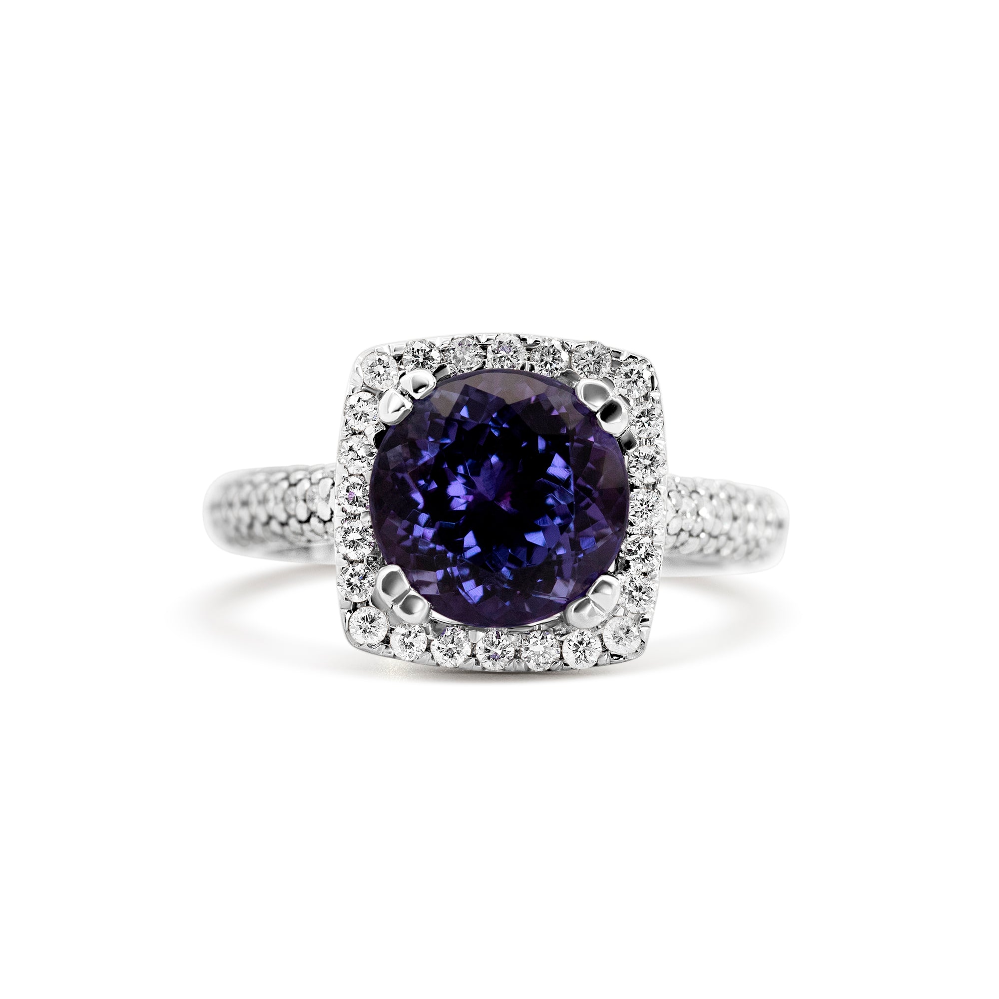 14K White Gold 3.19ct Tanzanite Pavé Halo Ring with 0.75ct Diamonds