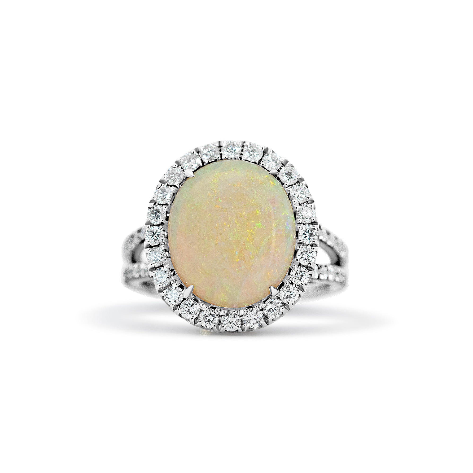 14K White Gold 3.00ct Opal Halo Ring with Split Band