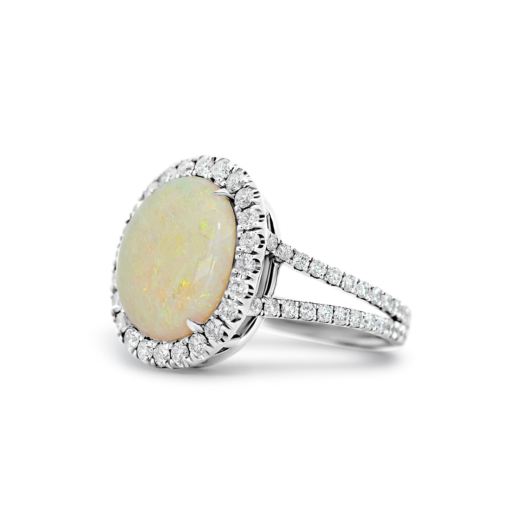 14K White Gold 3.00ct Opal Halo Ring with Split Band