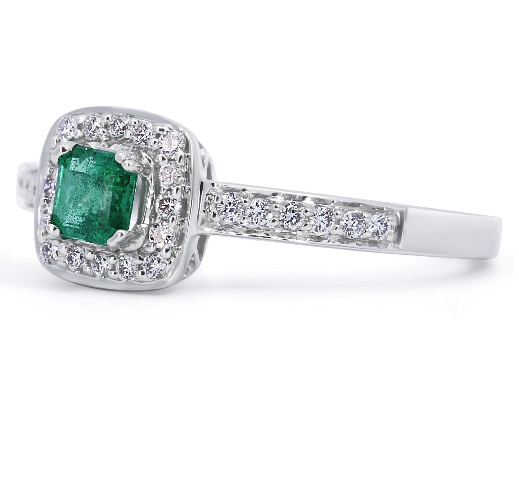 Emerald & Diamond Cushion Halo Ring