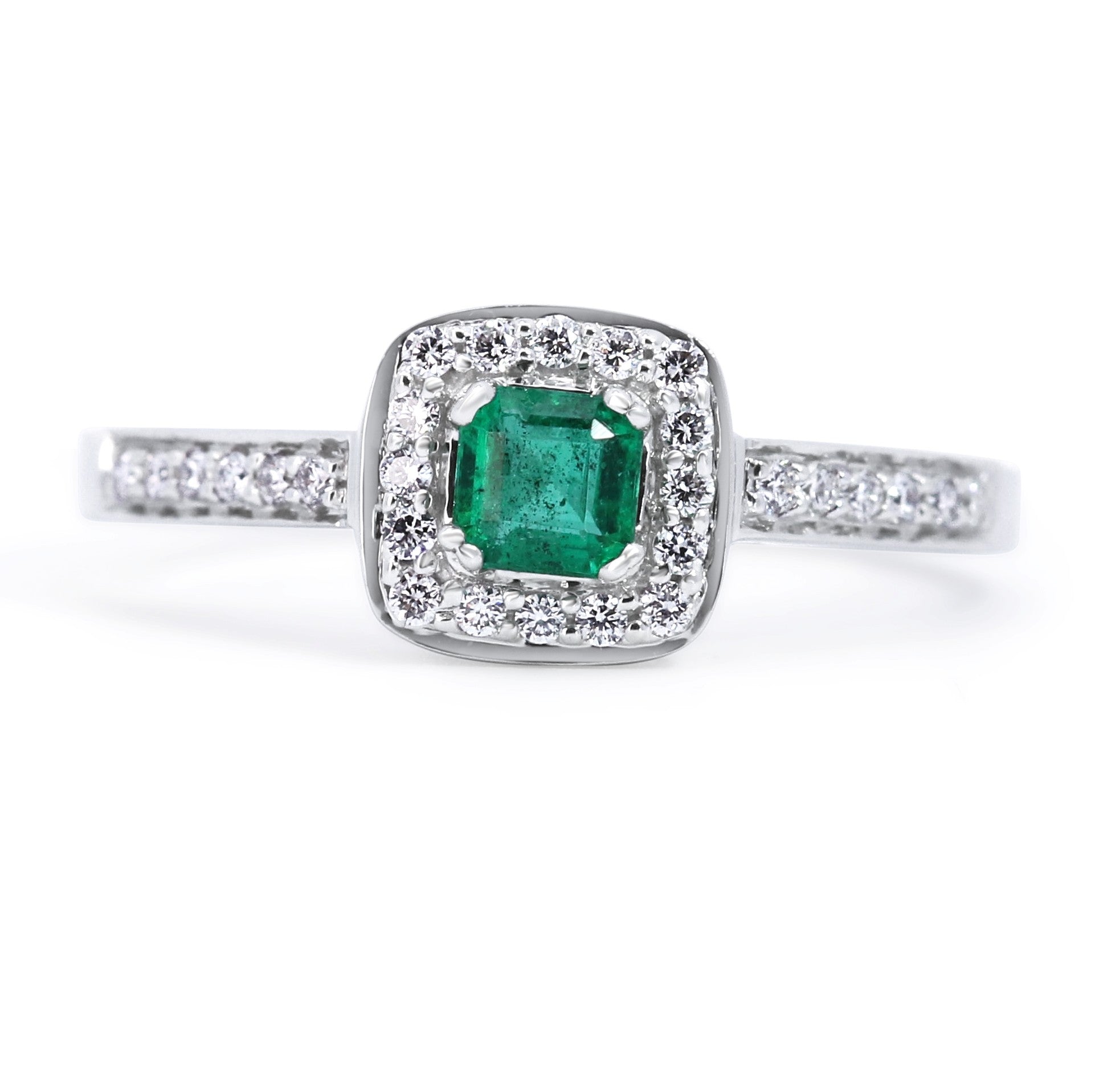 Emerald & Diamond Cushion Halo Ring