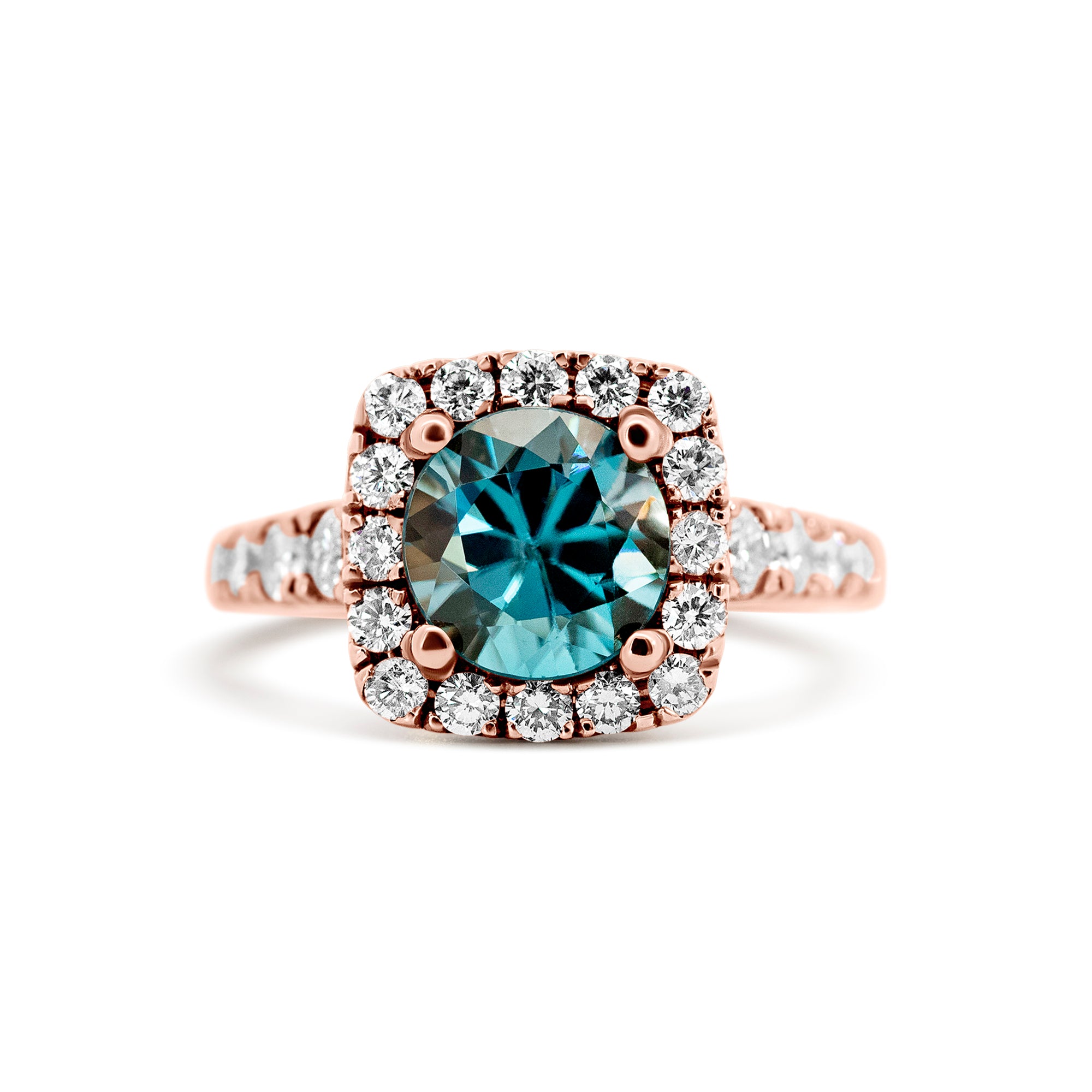 14K Rose Gold 4.97ct Blue Zircon Halo Diamond Ring