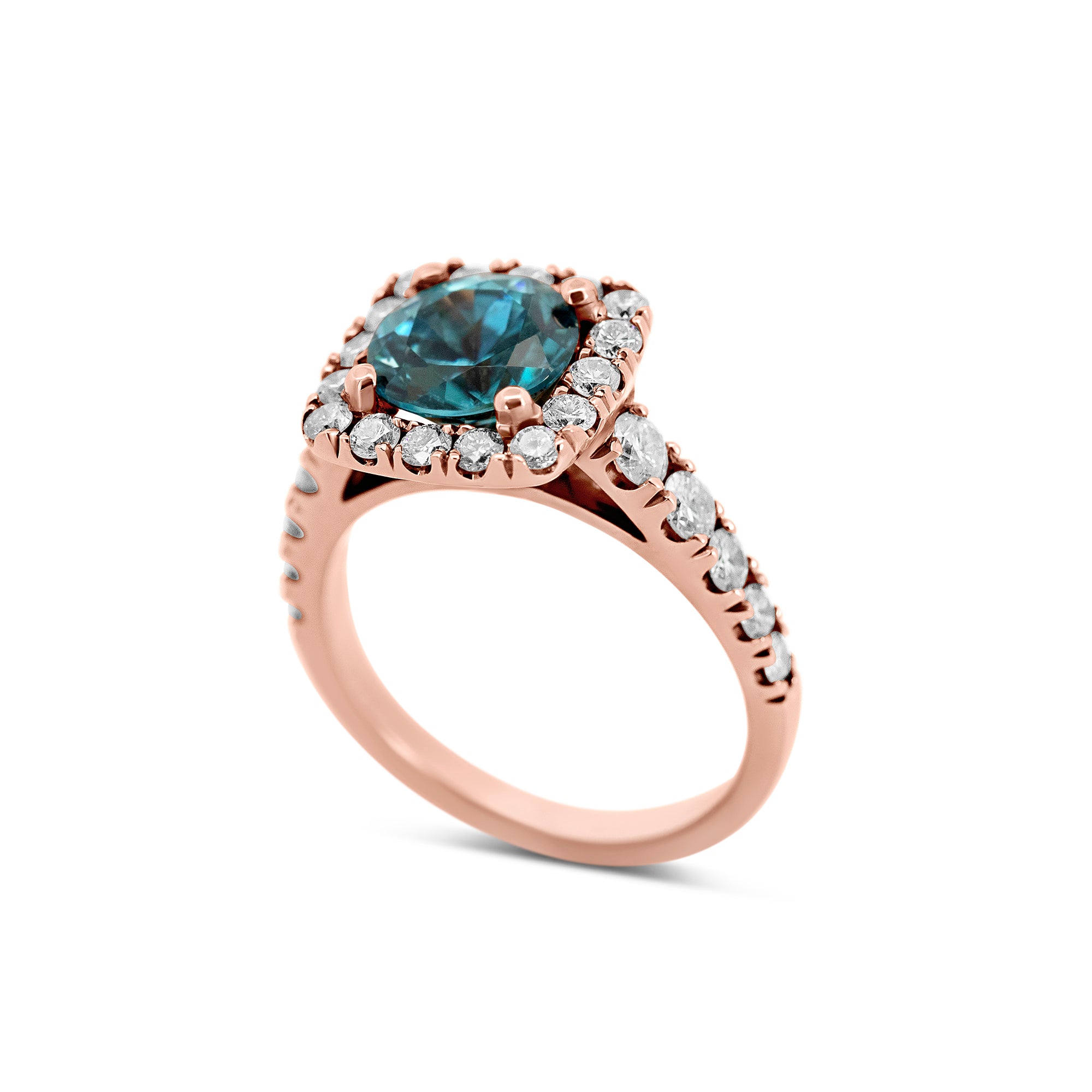14K Rose Gold 4.97ct Blue Zircon Halo Diamond Ring