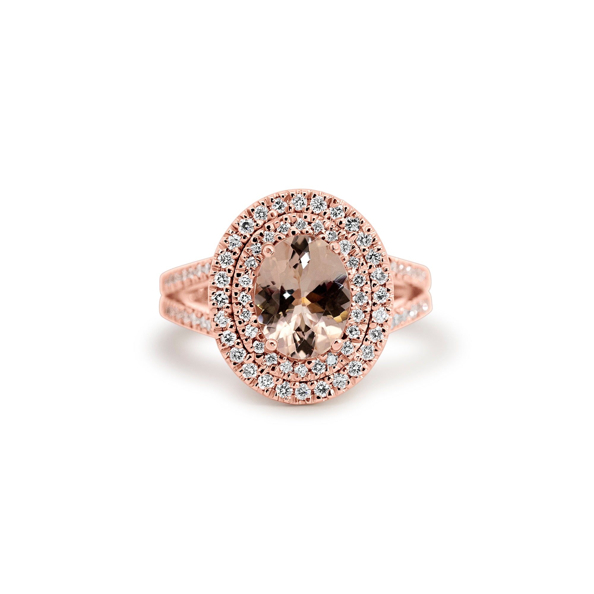 14K Rose Gold Morganite Double Halo Ring | 1.33ct