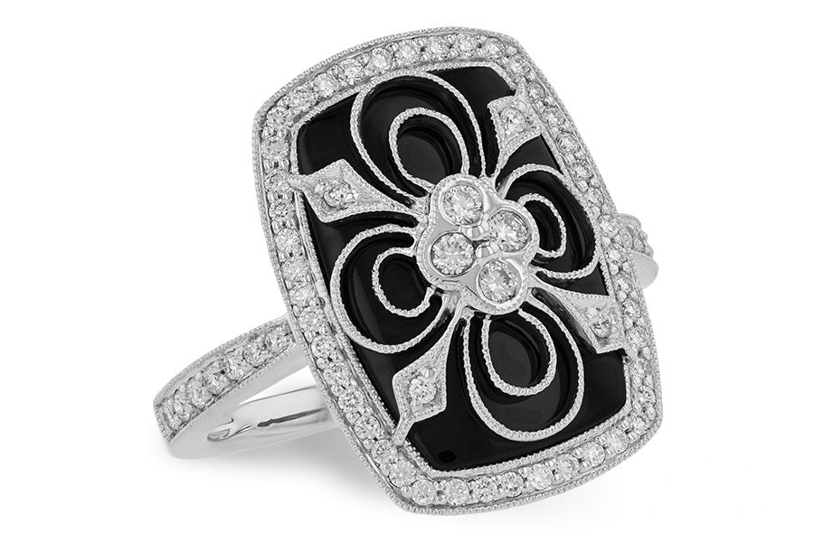 14K White Gold Vintage Black Onyx & Diamond Ring | 0.44CT Diamond Ring