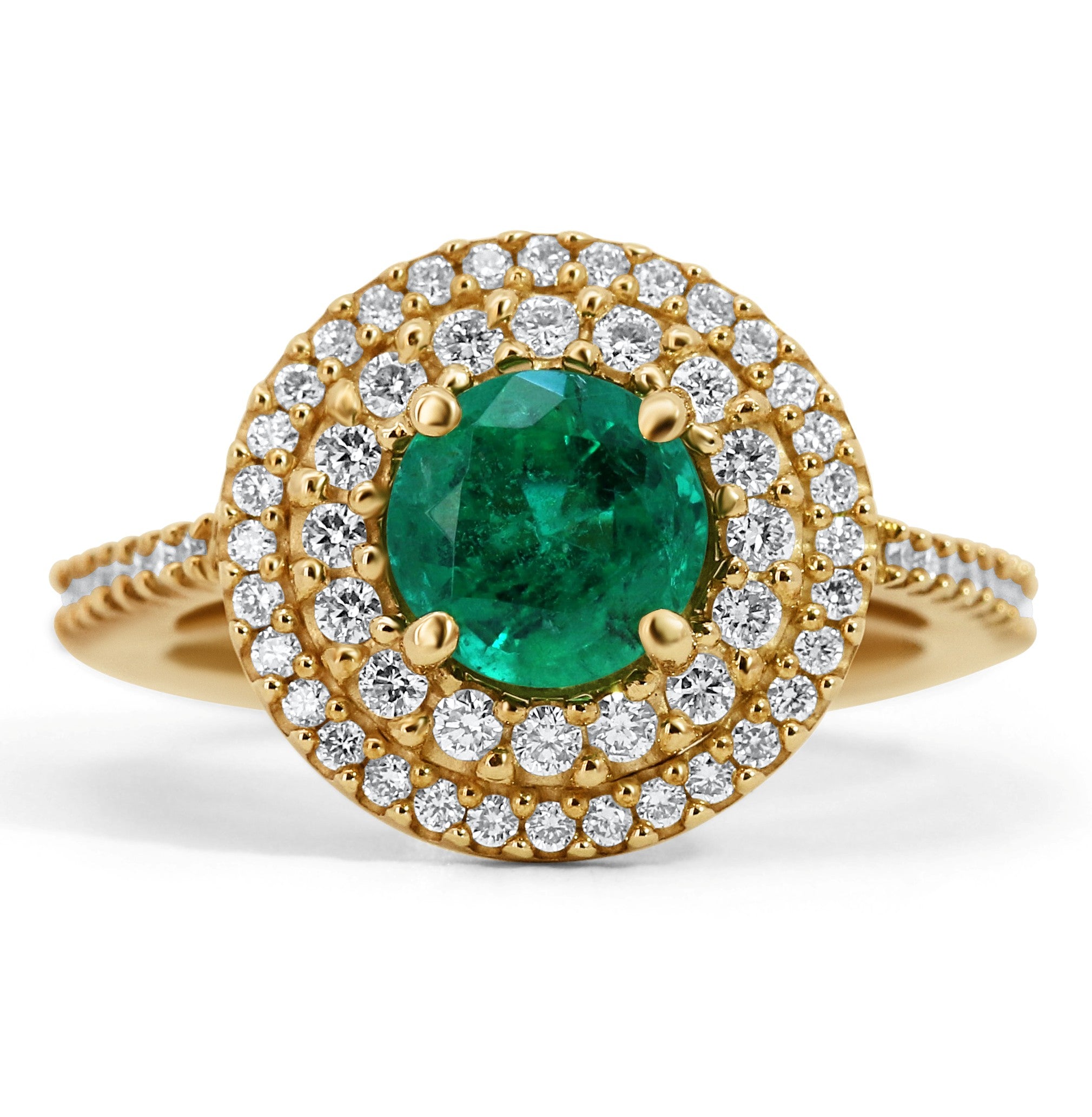 Round Double Halo Emerald & Diamond Ring