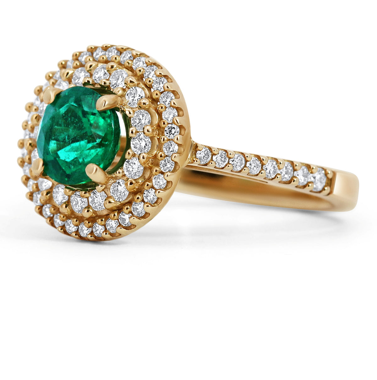 Round Double Halo Emerald & Diamond Ring
