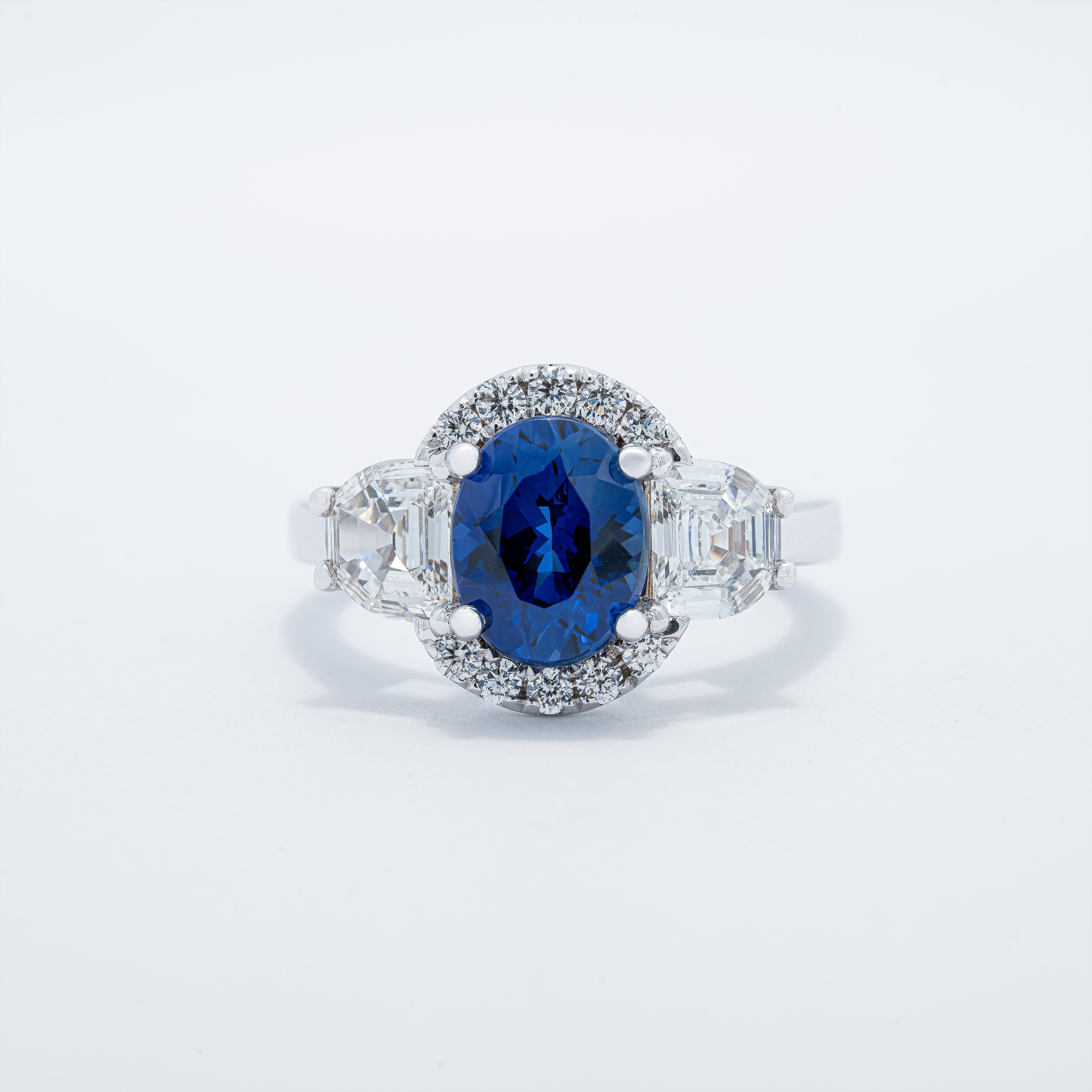 Modern Halo Three Stone Style Sapphire Ring