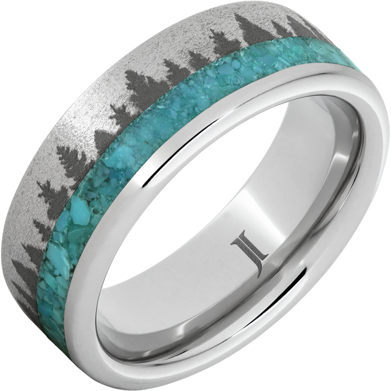 Serinium with Turquoise Inlay, Pine Forest Engraving and Stone Finish Wedding Band