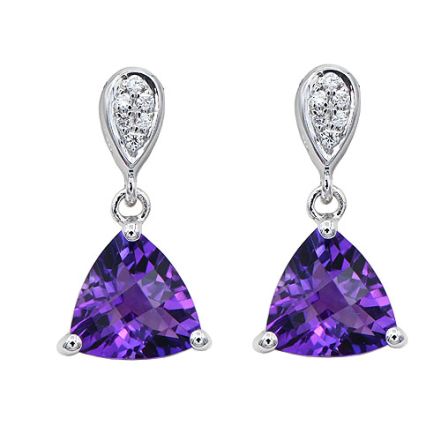 14K White Gold Trillion-Cut Amethyst Dangle Earrings with Diamonds