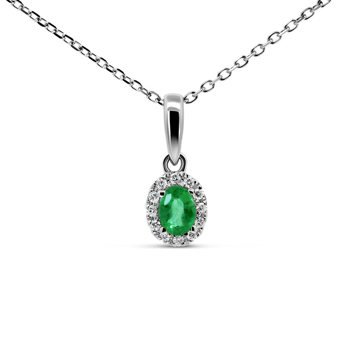 14K White Gold Oval Emerald & Diamond Halo Necklace