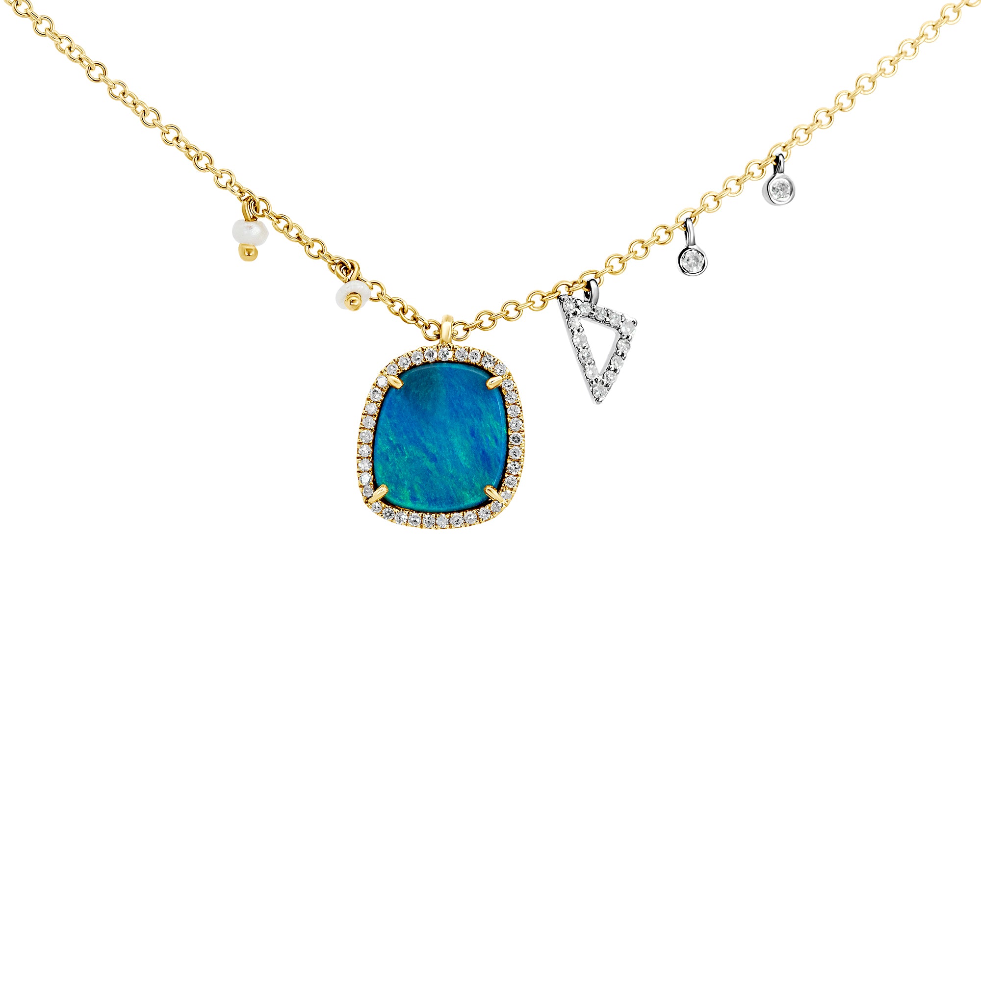 14K Yellow Gold Opal Doublet & Pearl Necklace | 0.15ct Diamond