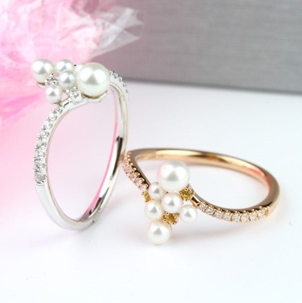 14K White Gold Diamond & Pearl Cluster Ring