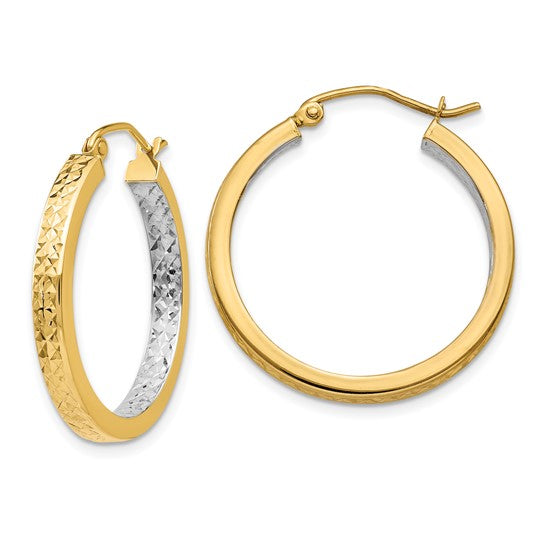 Two Tone Square Diamond Cut Hoop Earrings