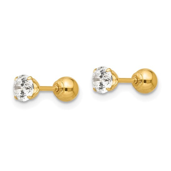 14K Yellow Gold 4mm Cubic Zirconia Reversible Ball Stud Earrings