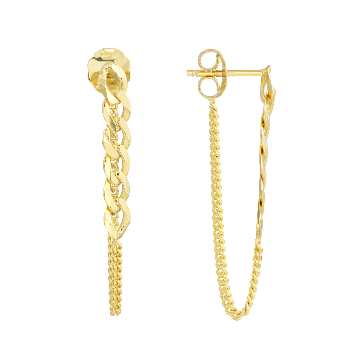 14K Yellow Gold Curb & Cuban Chain Drop Earrings