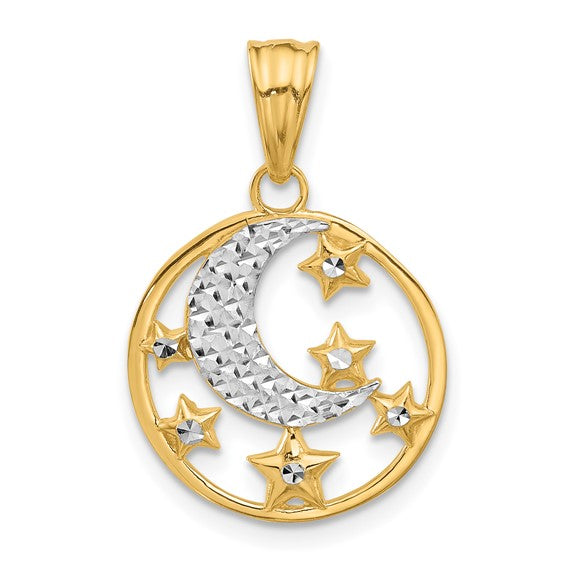 14 Karat White & Yellow Gold Diamond-Cut Moon & Stars Pendant | Joe Kassab Jewelers
