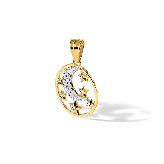14 Karat White & Yellow Gold Diamond-Cut Moon & Stars Pendant | Joe Kassab Jewelers