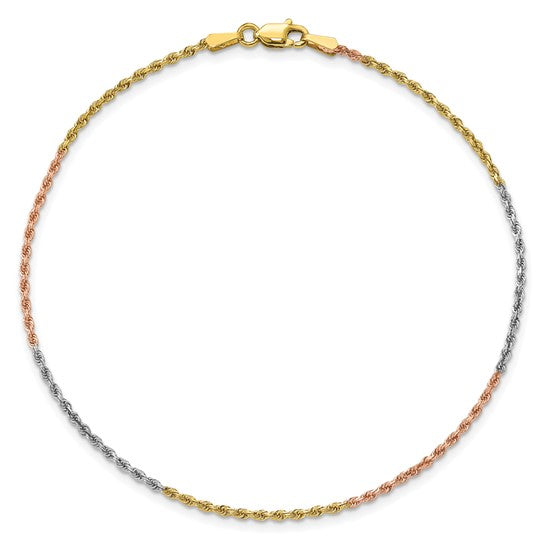 14K Tri-Tone Gold Diamond-Cut Rope Bracelet | 7 Inch Gold Bracelet