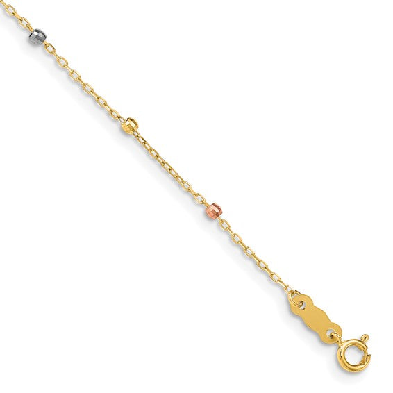 14K Tri-color Diamond-cut Beaded 7 inch Bracelet Plus 1 inch Cross Extender