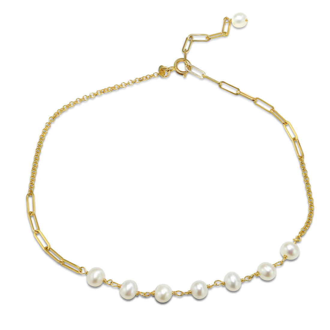 14K Freshwater Pearl & Paperclip Link Anklet