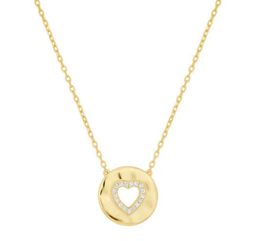 14 Karat Gold Plated Sterling Silver Hammered Heart CZ Necklace