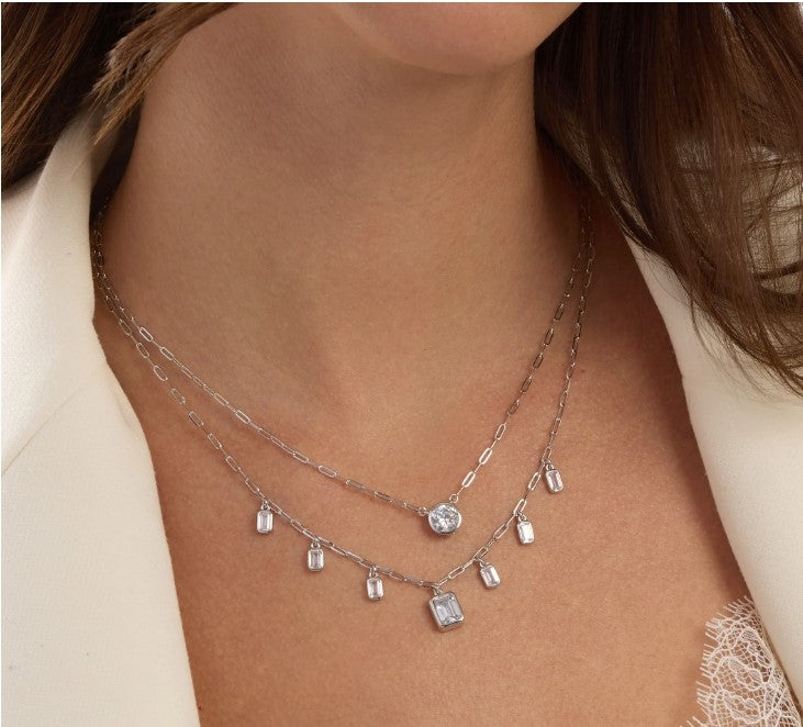 Rhodium Over Sterling Silver CZ Bezel Paperclip Necklace