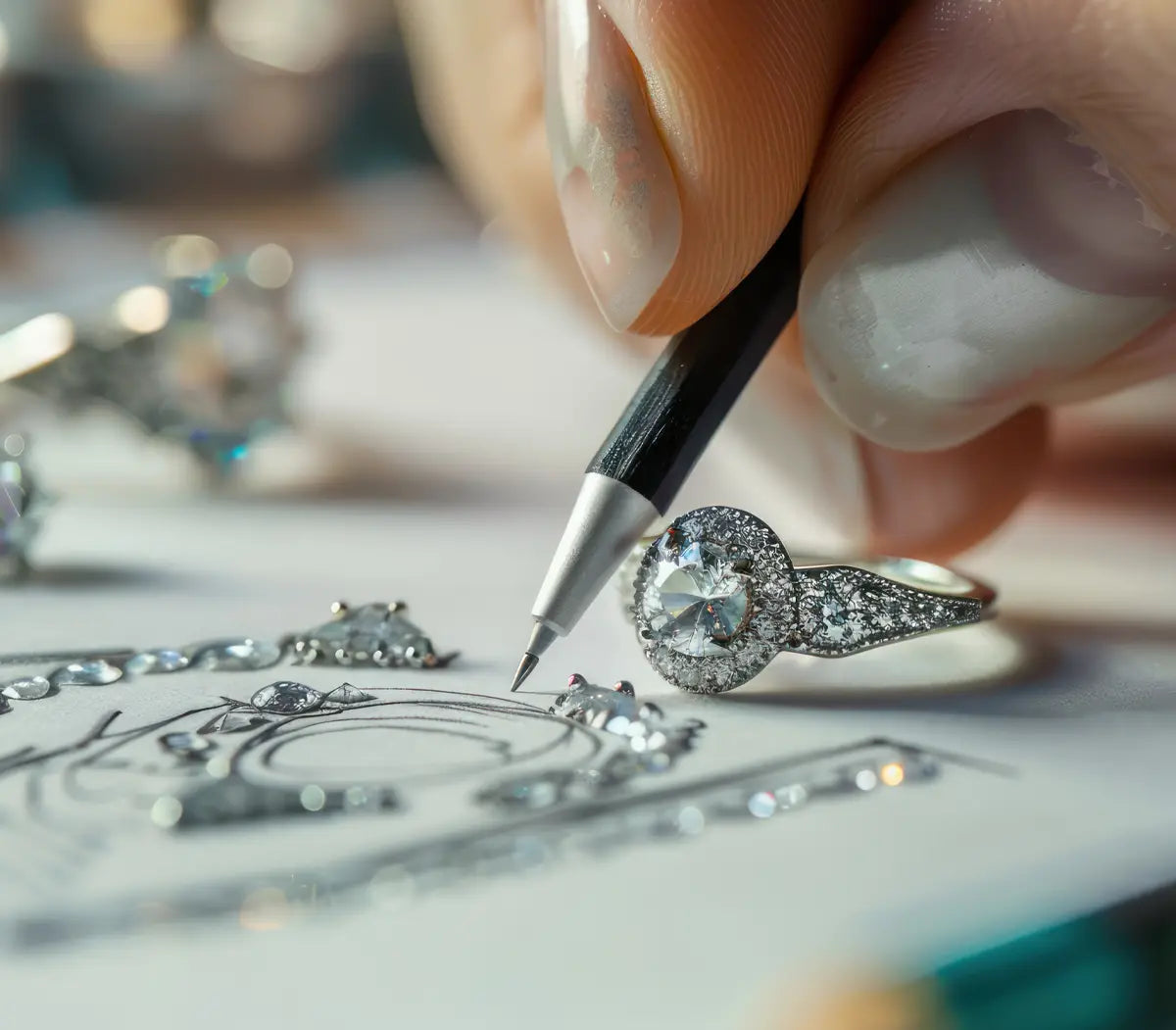 Close-up of sketches for a custom diamond ring design at Joe Kassab Jewelers