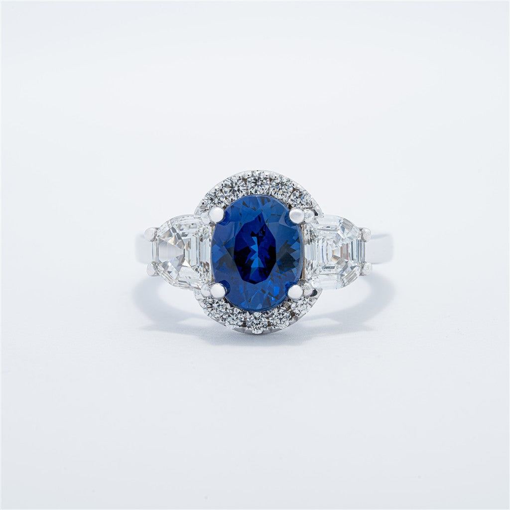 Modern Halo Three Stone Style Sapphire Ring