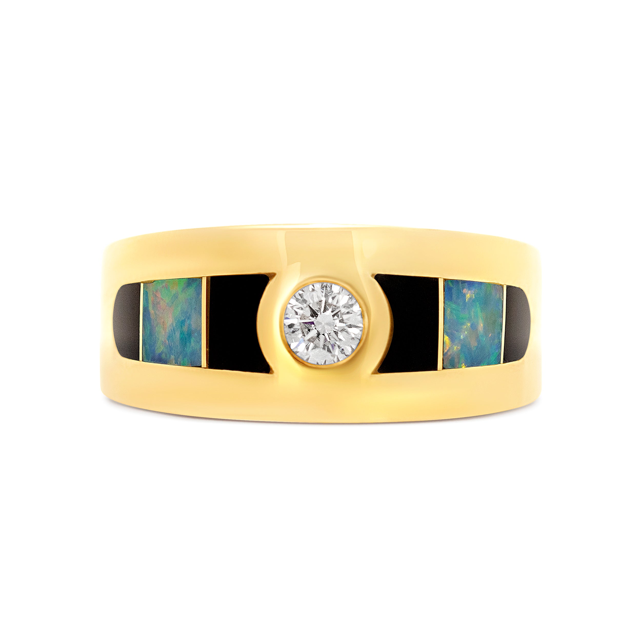 14 Karat Yellow Gold Diamond & Inlay Mens Ring