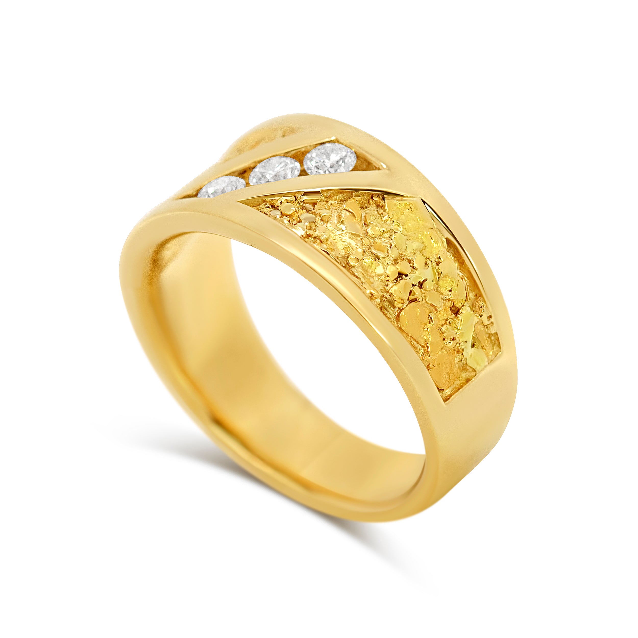 14 Karat Yellow Gold Diamond & 24 Karat Nugget Inlay Men's Ring