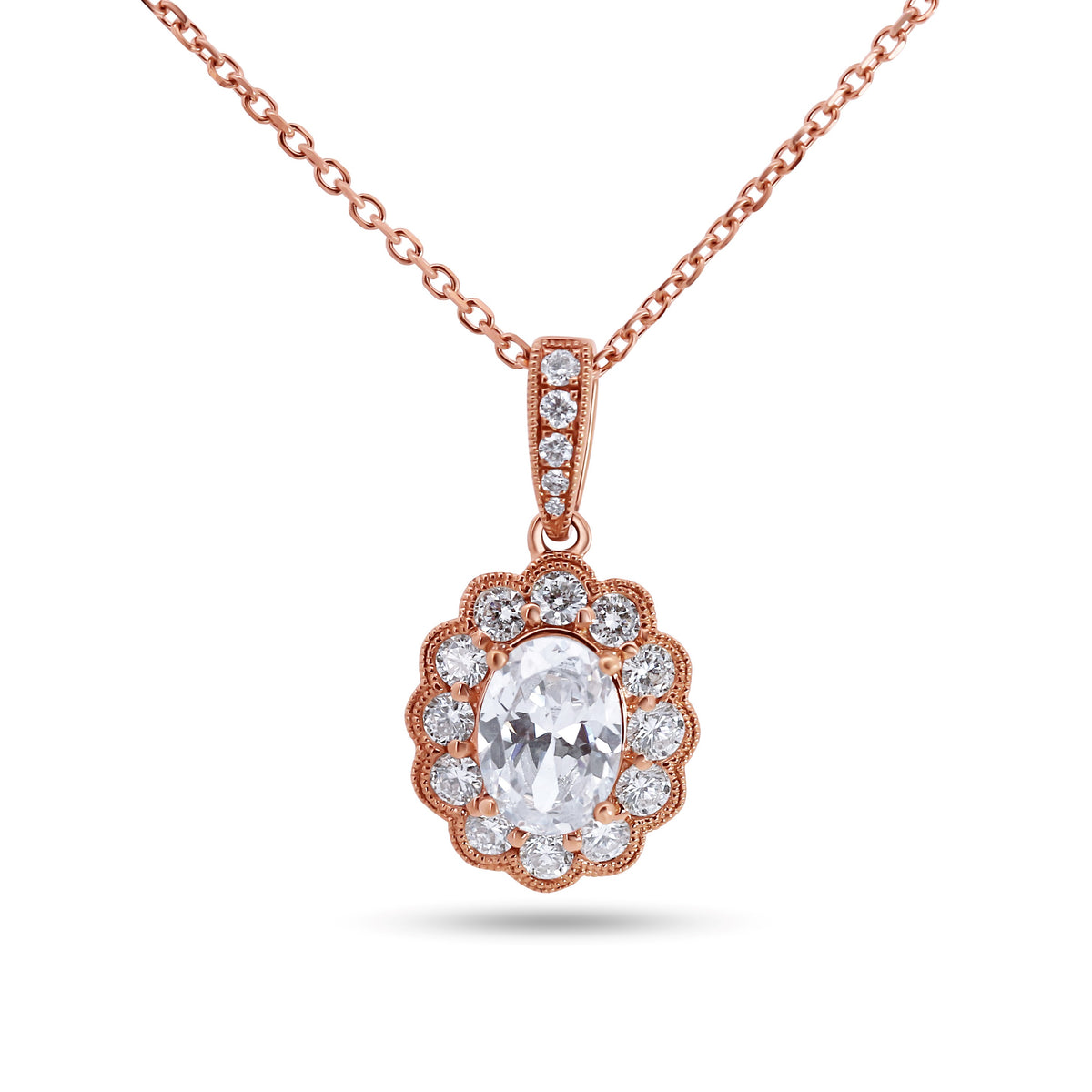 14K Rose Gold 0.80ct Lab Grown Oval Diamond Pendant with Natural Diamond Halo