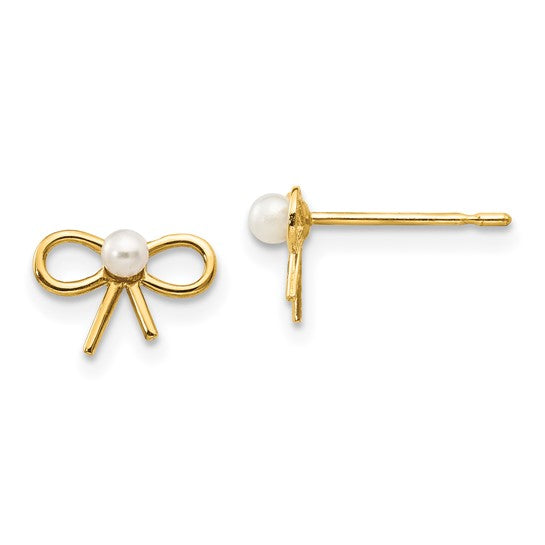 14 Karat Yellow Gold Bow Stud Earrings With Freshwater Pearls
