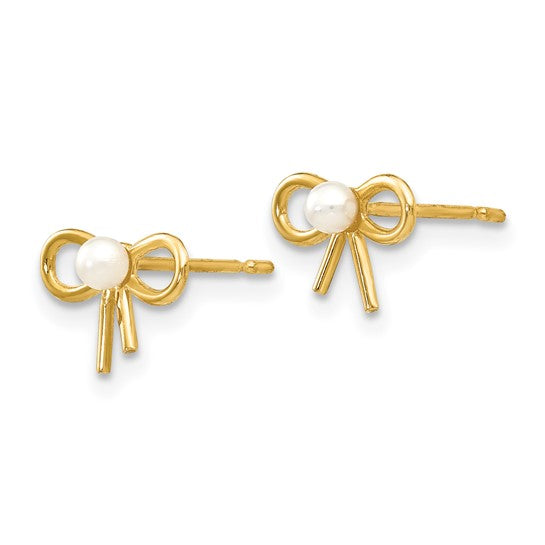 14 Karat Yellow Gold Bow Stud Earrings With Freshwater Pearls