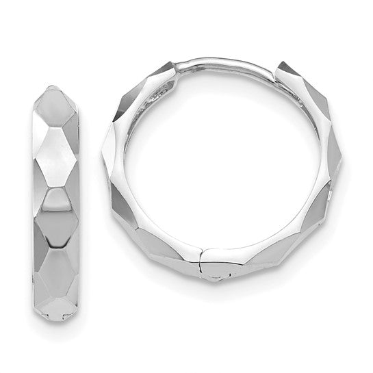 14K White Gold Diamond Cut Hinged Hoop Earrings