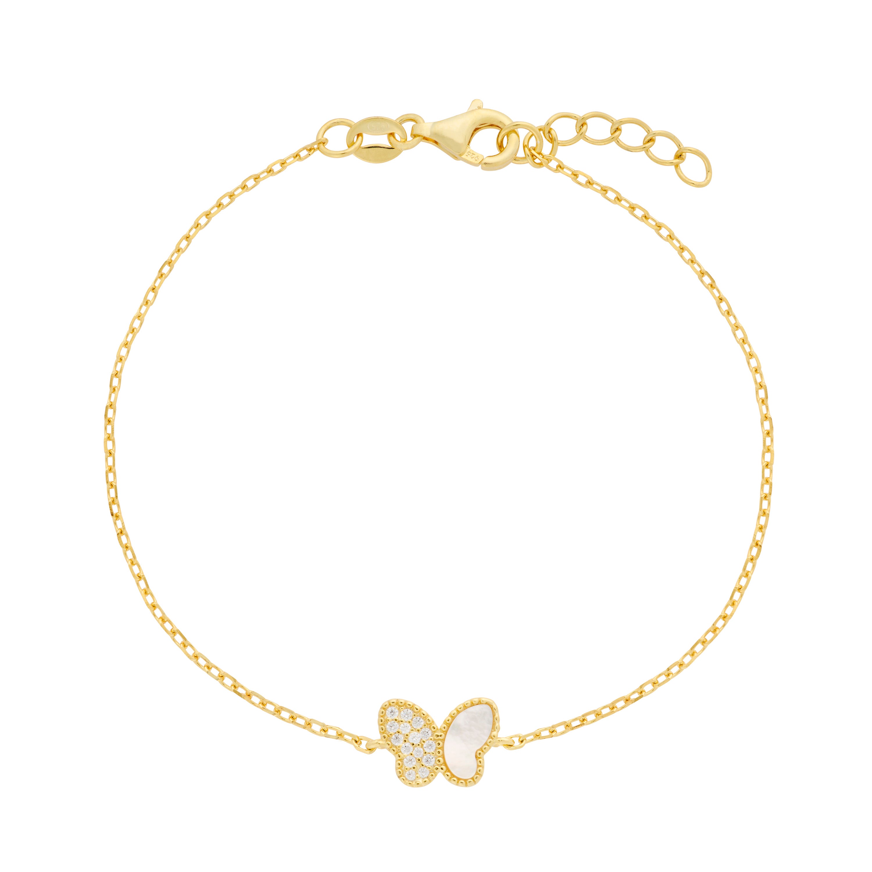 14k Over 925 Sterling Mother of Pearl Butterfly Bracelet – Adjustable 6.75–7" Chain